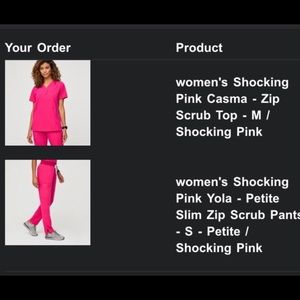 Figs shocking pink M scrub top and S/P scrub pants.